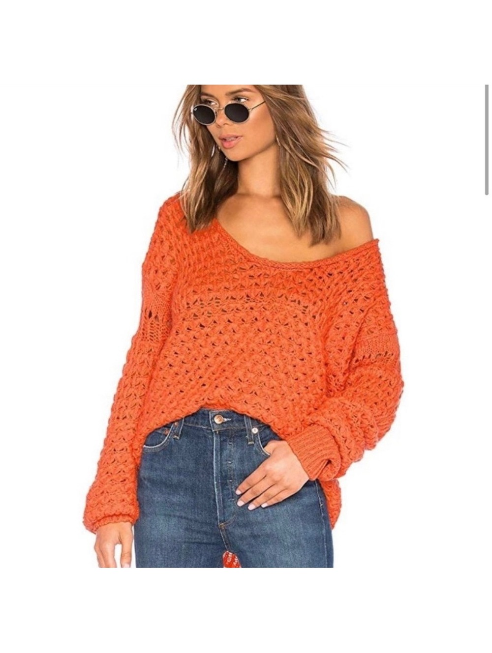 Free People $128 Crashing Waves Pullover Woman’s S  orange knit sweater